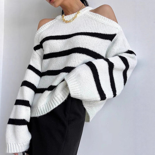 Damen Off-Shoulder Strickpullover mit Streifenmuster und lässigem Schnitt EB