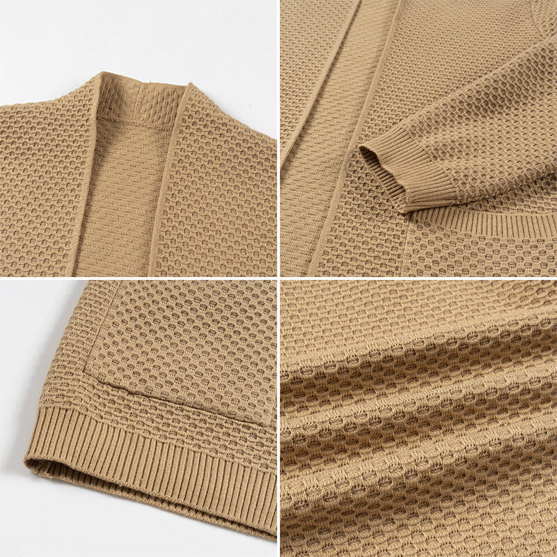 Herren nan offener Waffelstrick-Cardigan mit Schalkragen, aufgesetzten Taschen und gerippten Bündchen EB