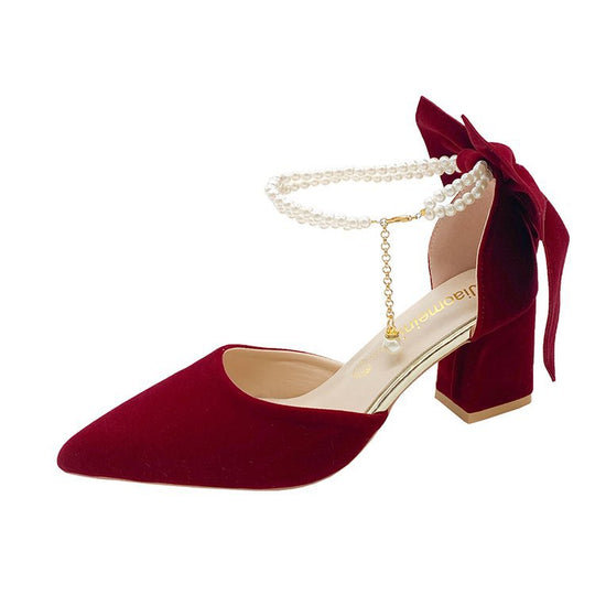 Damen elegante High Heel Schuhe mit Perlenschmuck und Riemen EB