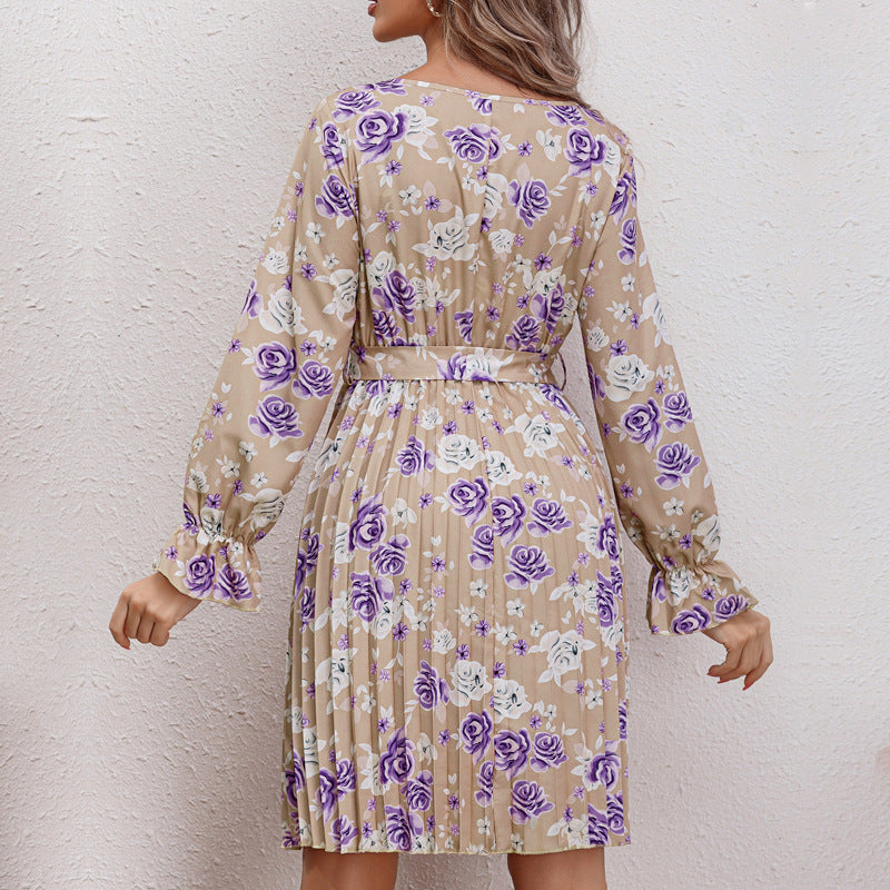 Damen Blusenkleid mit floralen Rüschendetails und Taillengürtel EB
