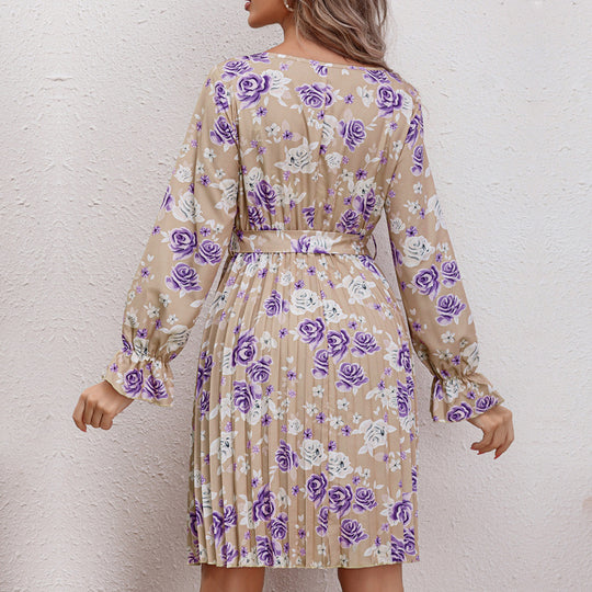 Damen Blusenkleid mit floralen Rüschendetails und Taillengürtel EB