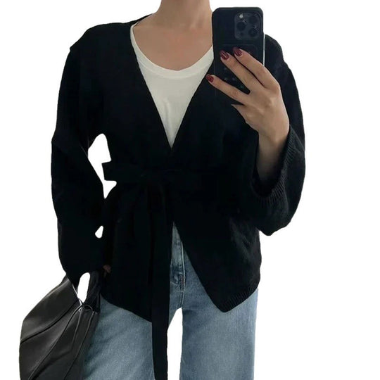 Damen Eleganter Strickmantel mit Wickeldesign EB