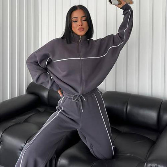Damen lässiges Crop-Sweat-Set mit weitem Schnitt und hohem Kragen EB