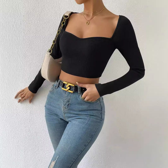 Damen Figurbetontes geripptes Kurzshirt mit herzförmigem Ausschnitt EB