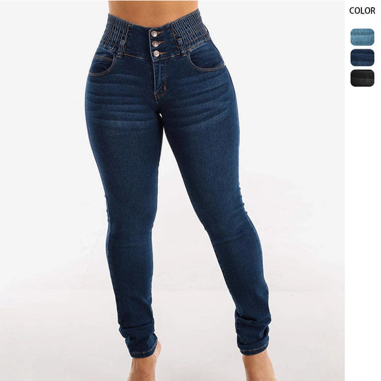 Damen Hochtaillierte Jeans mit elastischem Bund und Knopfdetails EB