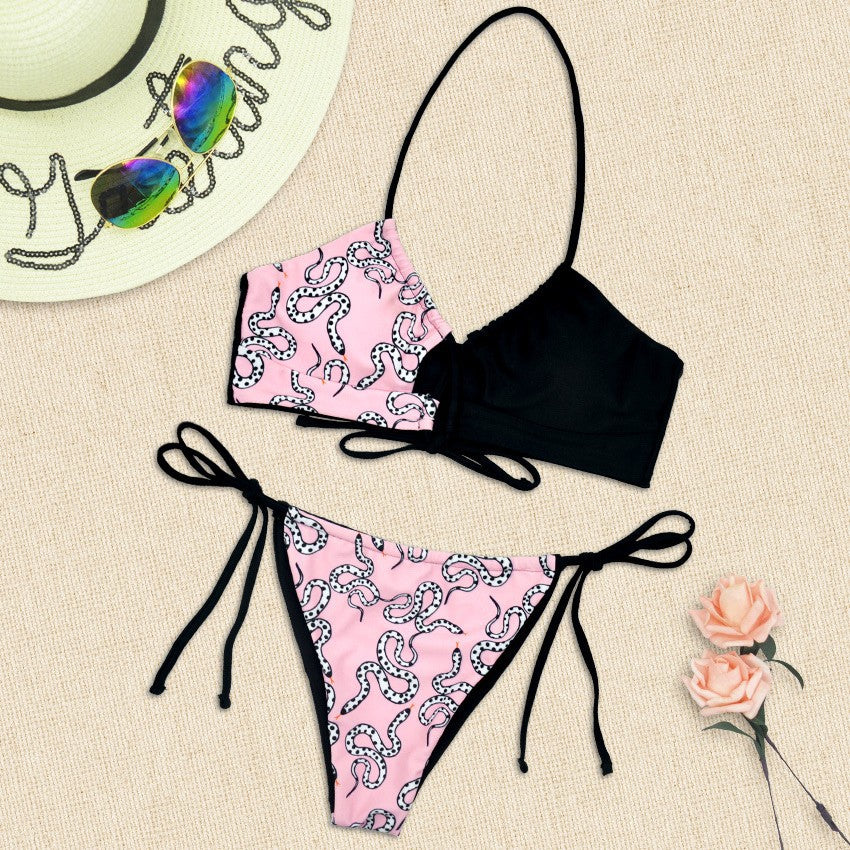 Damen Halter-Bikini mit asymmetrischem Design und verspieltem Muster EB
