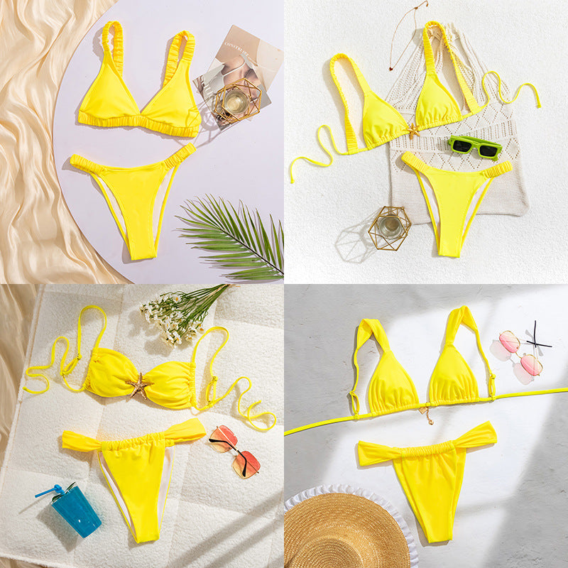 Damen Sportlicher Bikini mit gerafftem Oberteil und hohen Beinausschnitten EB