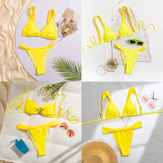 Damen Sportlicher Bikini mit gerafftem Oberteil und hohen Beinausschnitten EB