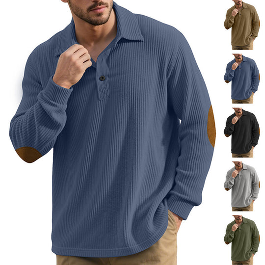 Herren nan gerippter Freizeit-Polo mit Kentkragen, kurzer Knopfleiste und Velours-Ellenbogenpatch EB
