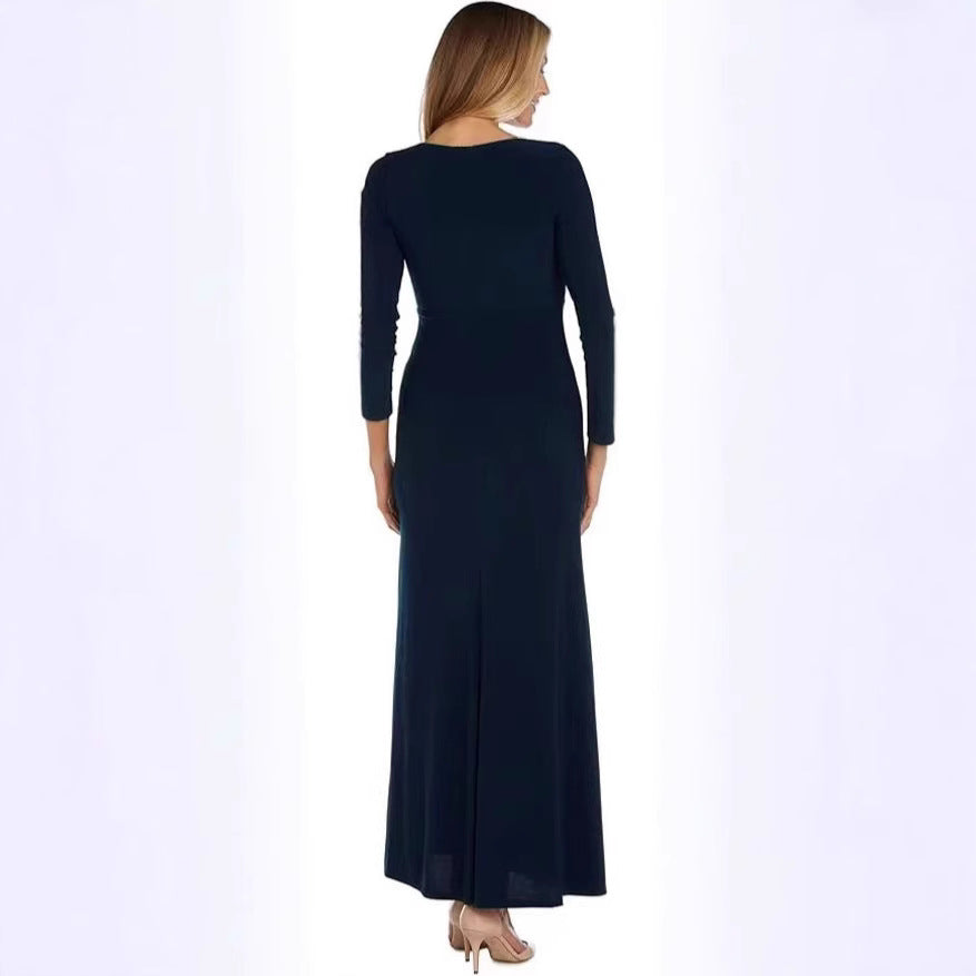 Damen elegantes Maxikleid mit hohem Schlitz und raffiniertem V-Ausschnitt EB