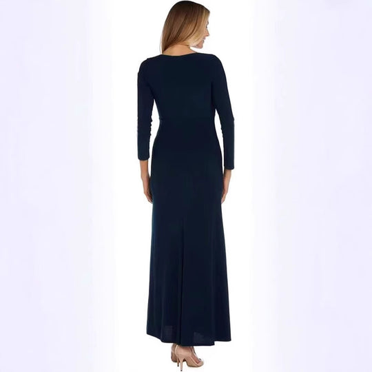 Damen elegantes Maxikleid mit hohem Schlitz und raffiniertem V-Ausschnitt EB