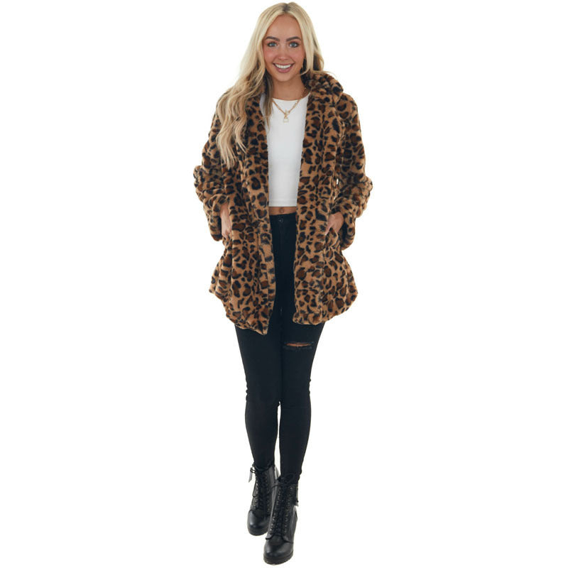 Damen Gemütliche Leopard-Fleecejacke mit offenem Kragen EB