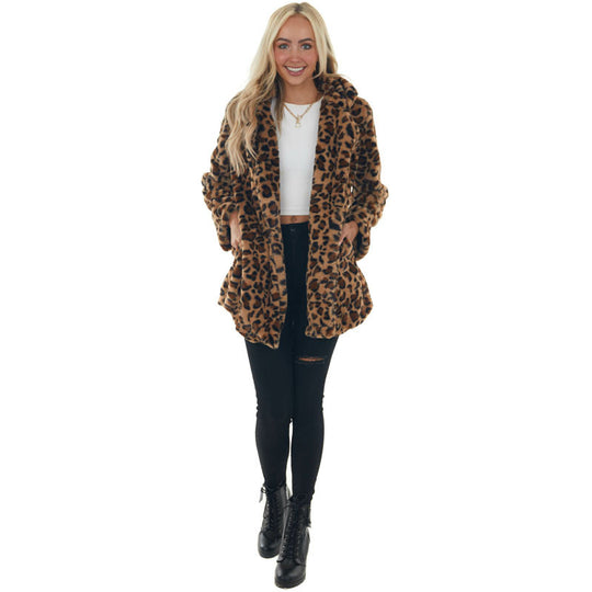 Damen Gemütliche Leopard-Fleecejacke mit offenem Kragen EB