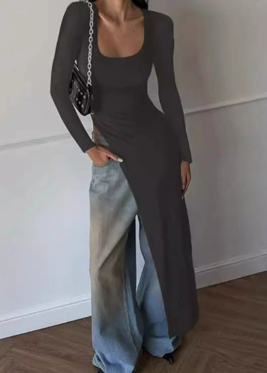 Damen Elegantes langärmliges Kleid mit asymmetrischem Saum EB