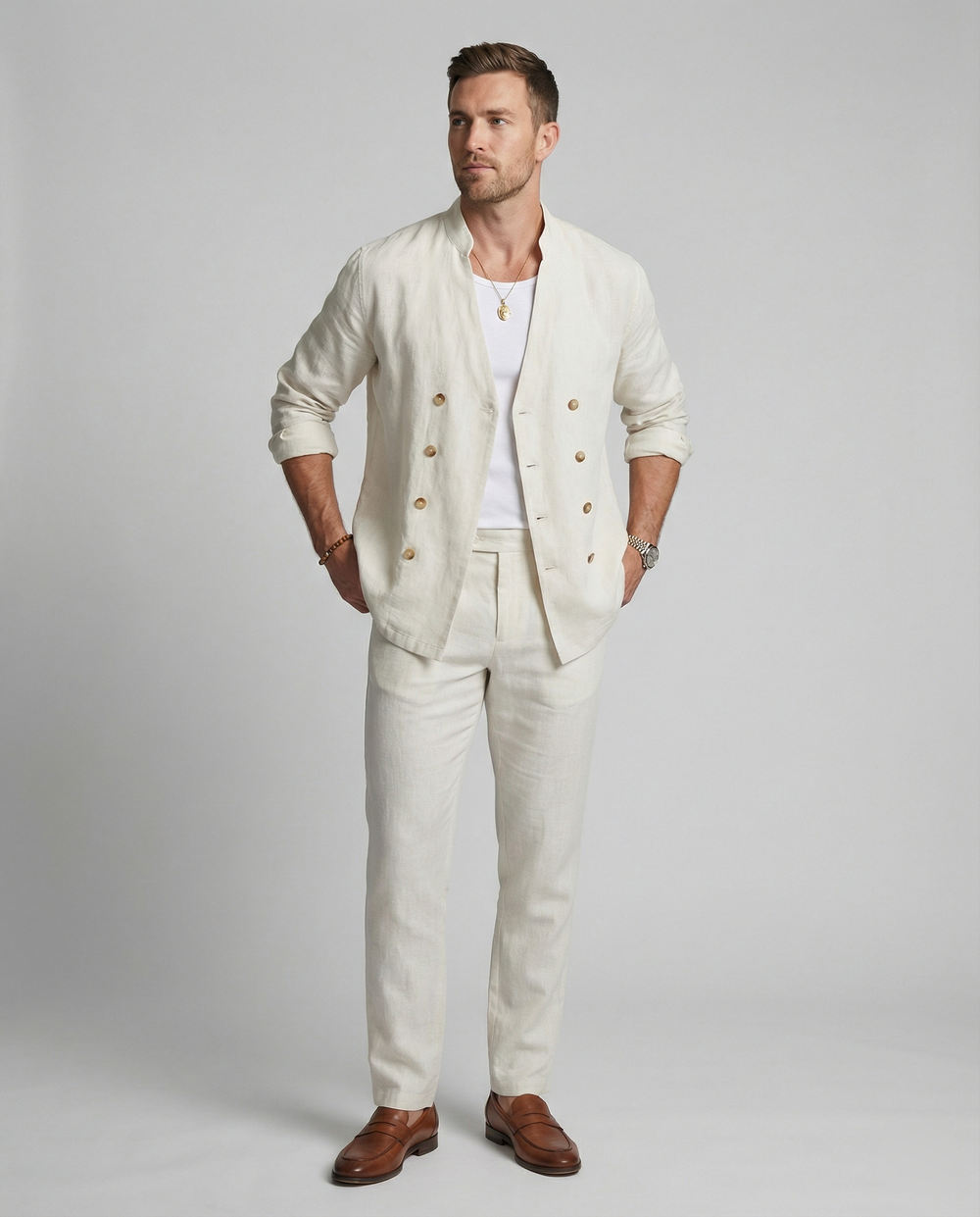 Herren elegantes Leinenhemd mit doppelter Knopfleiste EB