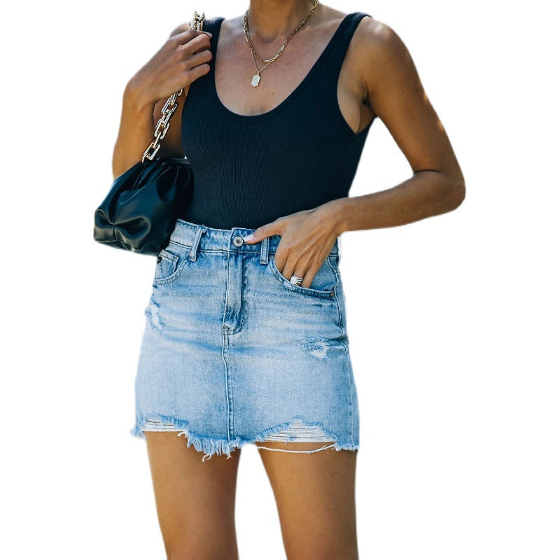 Damen Jeansrock im lässigen Used-Look mit fransigen Säumen EB