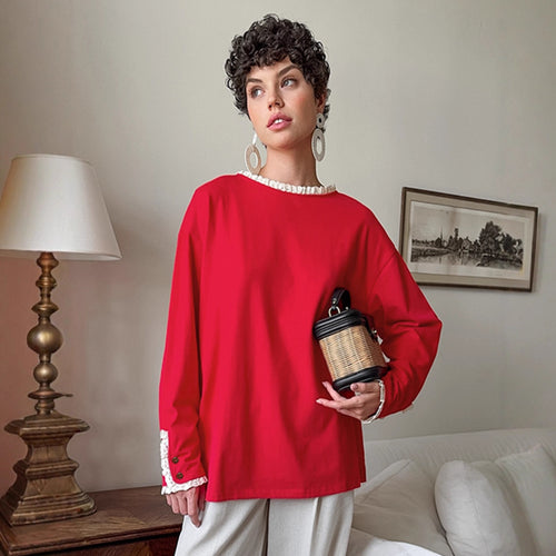 Damen eleganter Oversized-Pullover mit Rüschenärmeln EB