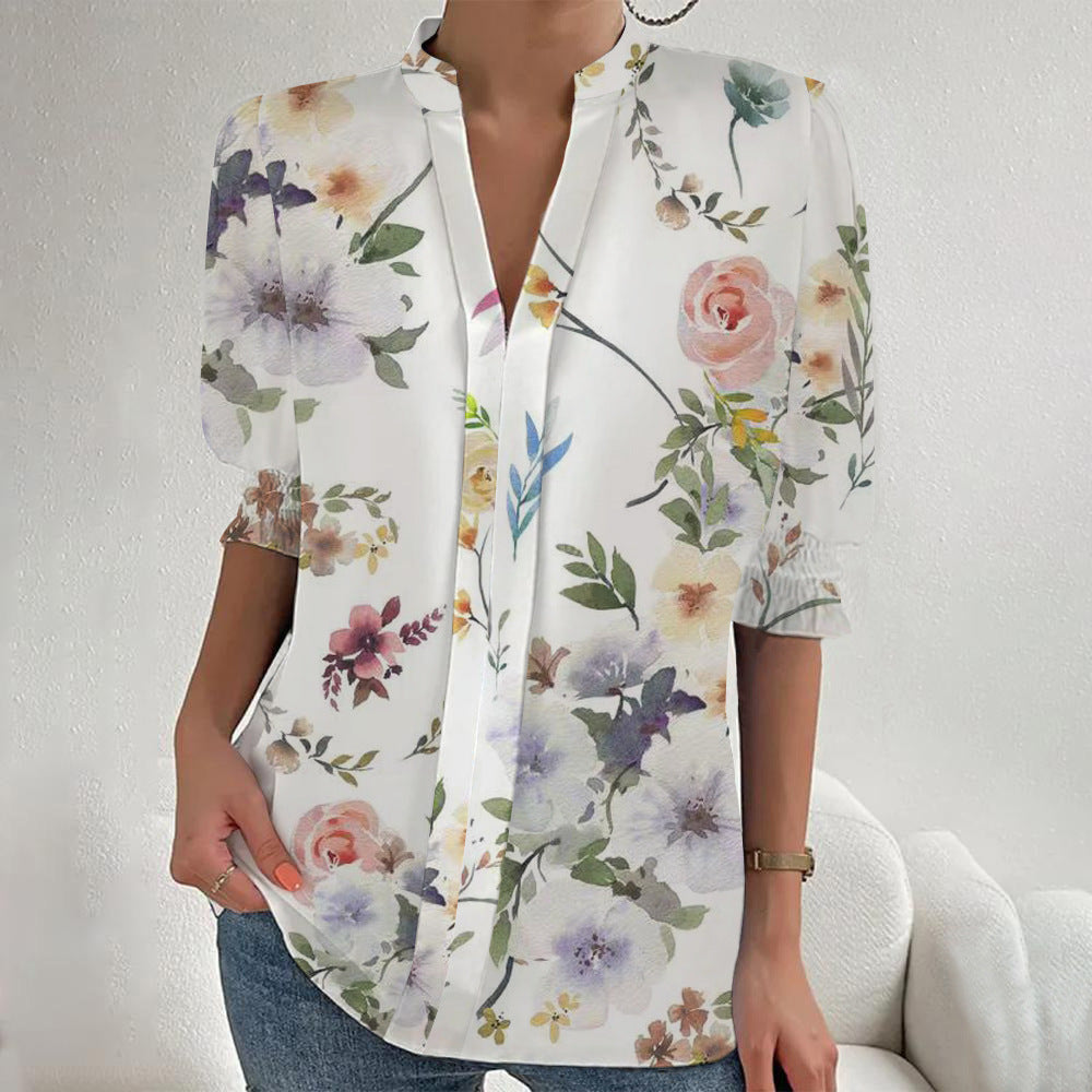 Damen Blumenprint Tunika-Bluse mit Stehkragen, geschlitzter V‑Blende und gerafften 3/4-Ärmeln EB
