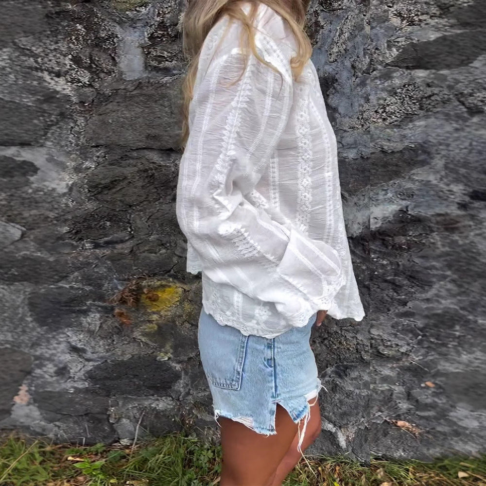 Damen elegante gestickte Bluse mit Knopfleiste und langen Ärmeln Heidi-Mode