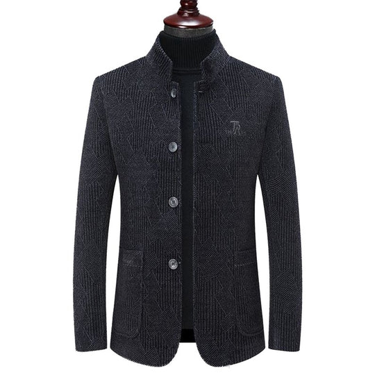 Herren Moderner Stehkragen-Blazer im Bouclé-Look mit feiner geometrischer Struktur EB