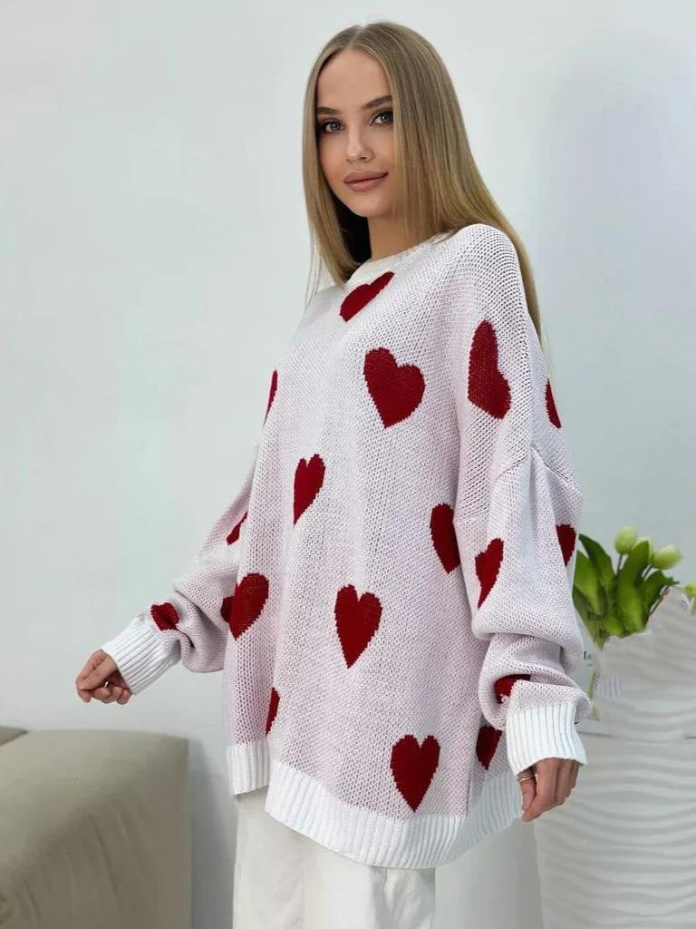 Damen Oversize Strickpullover mit Herz‑Motiv, Rippbündchen & weiter Silhouette EB