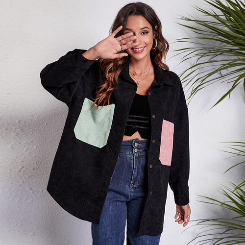 Damen Oversized Cordjacke mit bunten Taschen EB