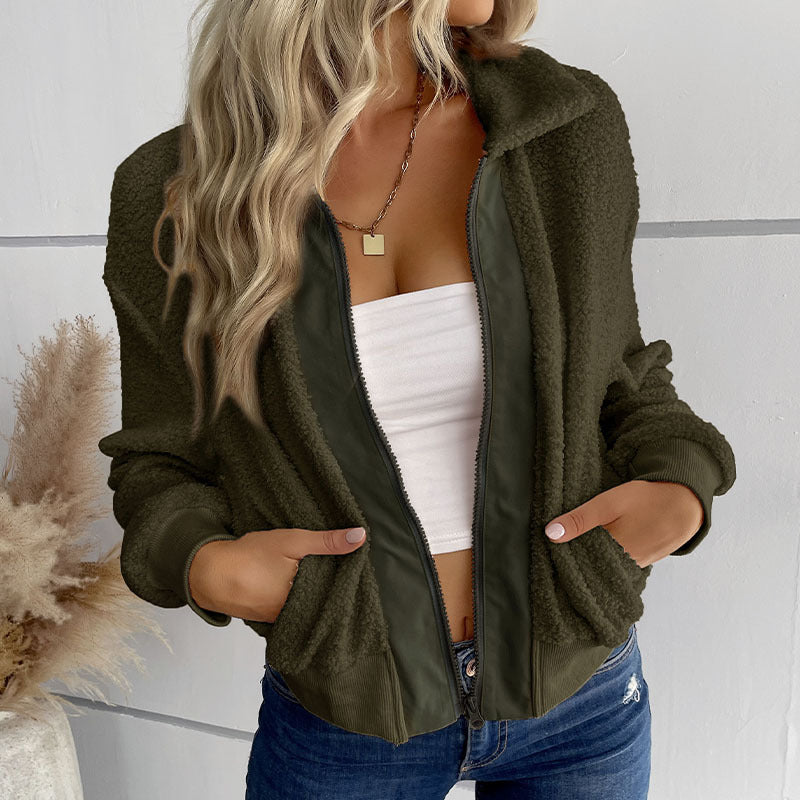 Damen Sportliche Plüschjacke mit Reißverschluss und praktischen Taschen EB