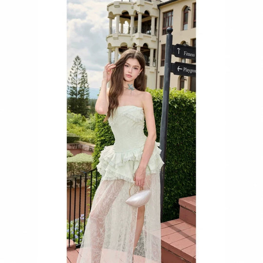 Damen Elegantes und luftiges Abendkleid mit Rüschendetails und transparentem Rock EB