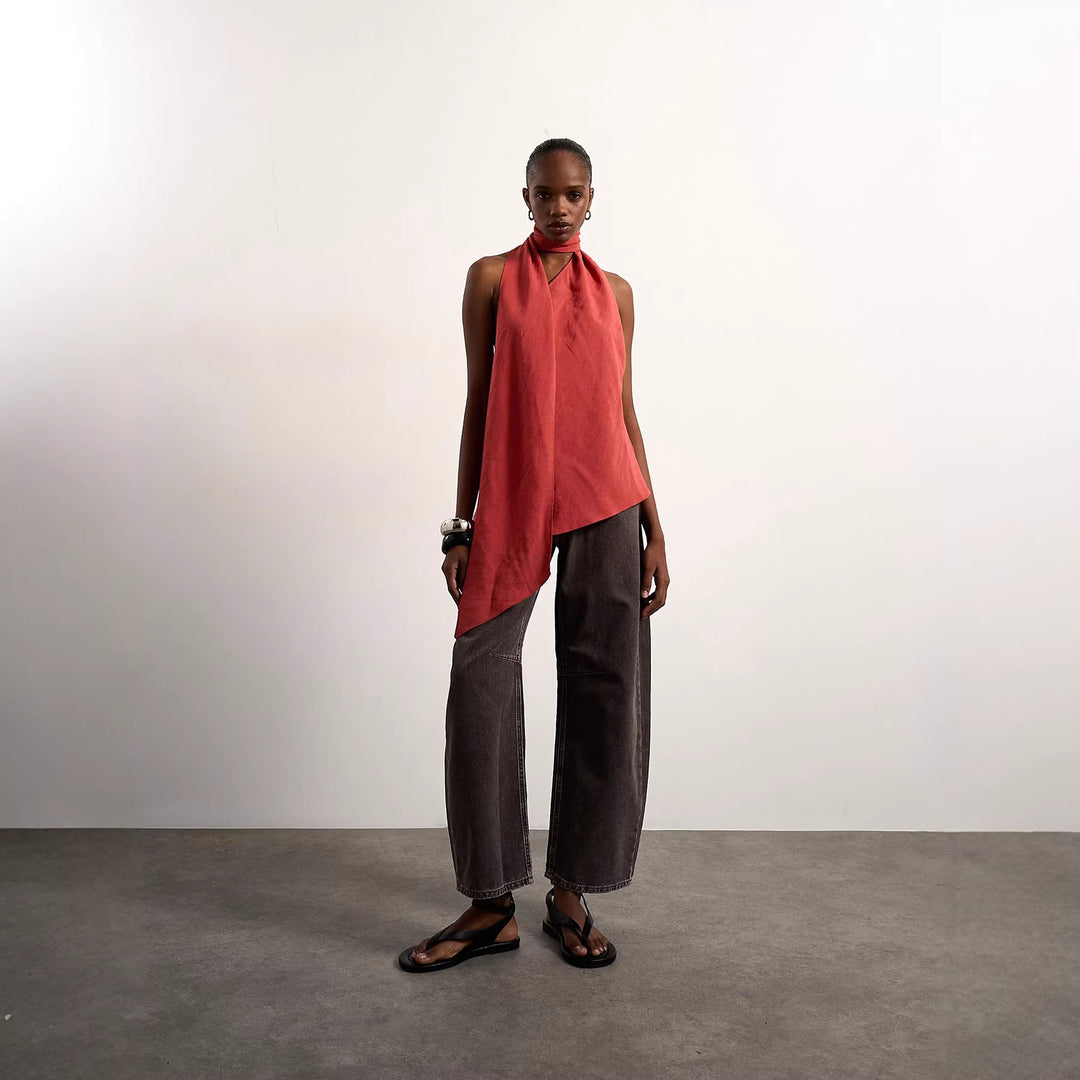 Damen asymmetrisches Wickeloberteil mit elegantem Schal EB