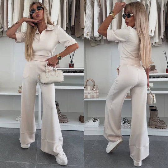 Damen Elegantes Scuba-Loungewear-Set mit Polokragen und taillenhoher Palazzo-Hose EB