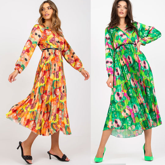 Damen Plisseekleid mit Wellenmuster und tailliertem Design EB