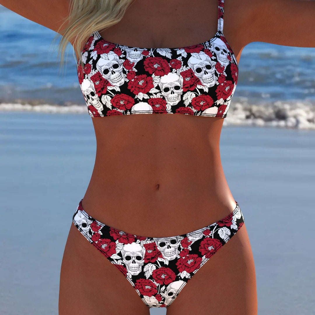 Damen Bikini-Set mit modernem Totenkopf- und Blumenmuster EB