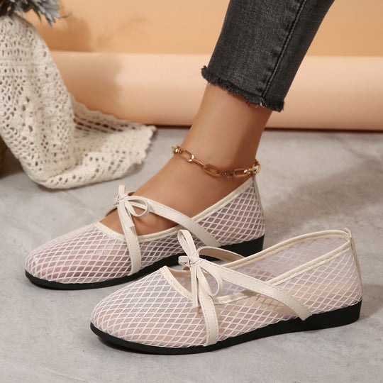 Damen Netz-Ballerinas mit elastischem Riemen und dekorativem Schleifendetail EB