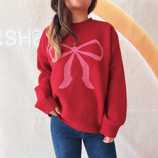 Damen kuscheliger Pullover mit verspieltem Schleifenmuster EB