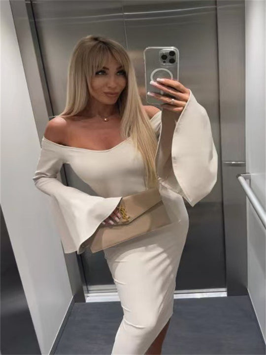Damen Off-Shoulder-Minikleid mit voluminösen Ärmeln und elegantem Schlitz EB