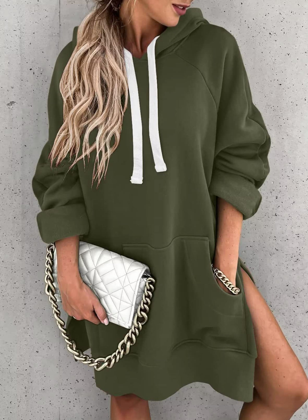 Damen Sweatkleid mit Kapuze und seitlichen Taschen EB