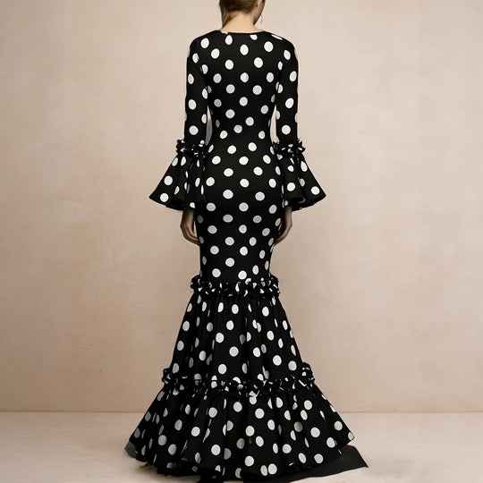 Damen Elegantes Maxikleid mit auffälligem Volant und Polka-Dots EB
