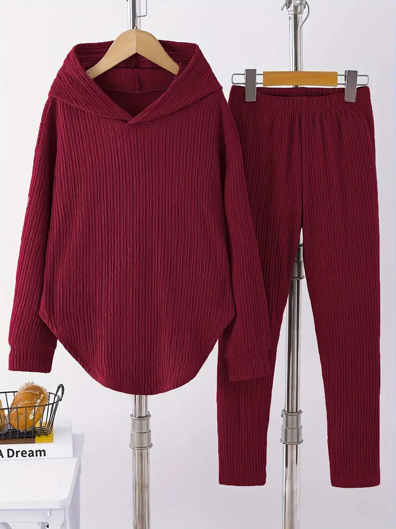 Damen lässiger Sweat-Pulli und -Hose Set mit strukturiertem Design EB