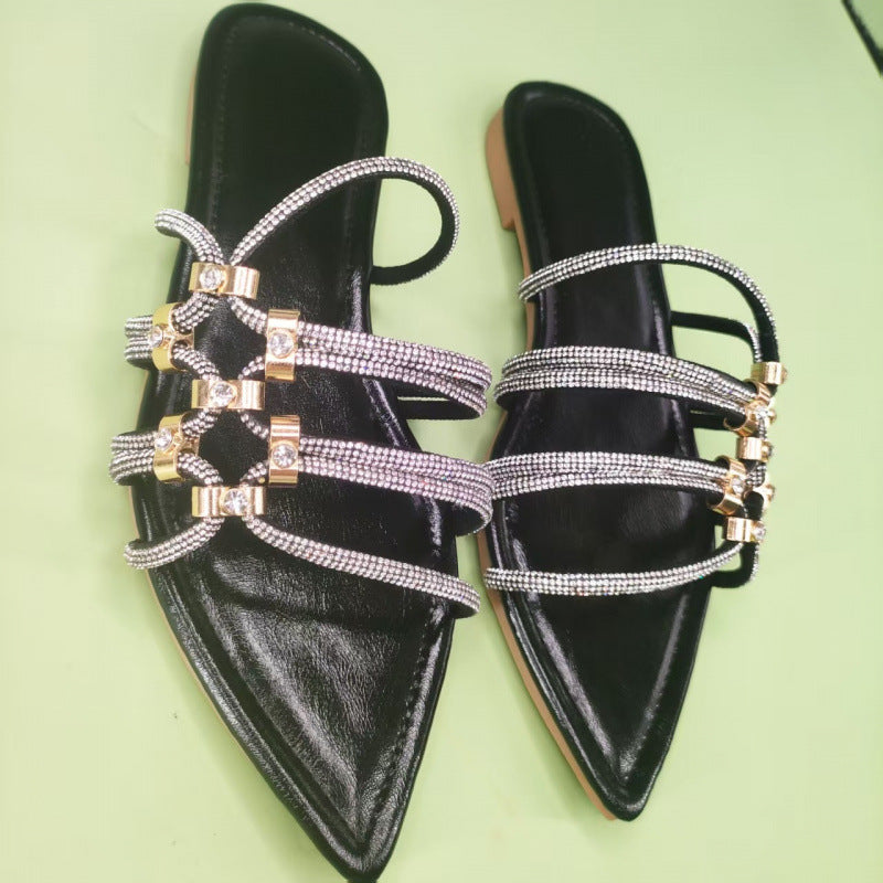 Damen elegante Riemchen-Sandalen mit funkelnden Akzenten und spitzem Zehenbereich EB
