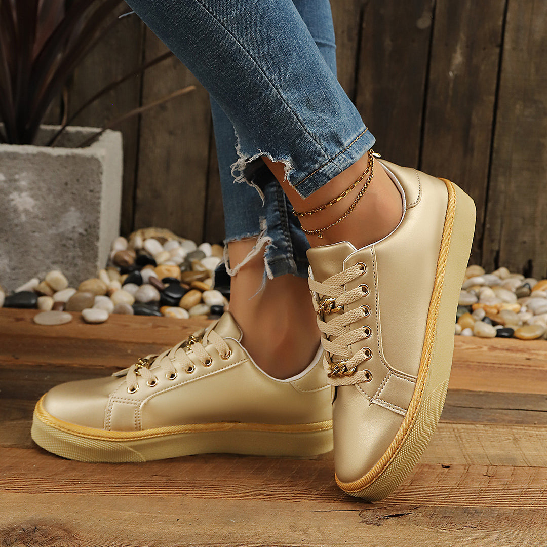 Damen modische Schnürsneaker mit goldener Kettenverzierung EB