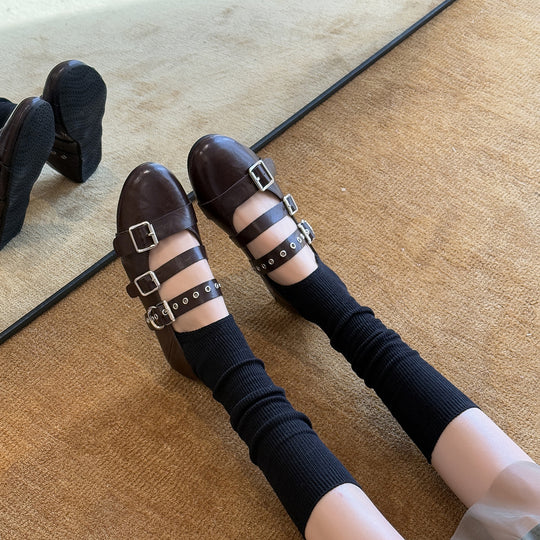 Damen Stilvolle Ballerinas mit doppeltem Riemen und modischen Schnallen EB