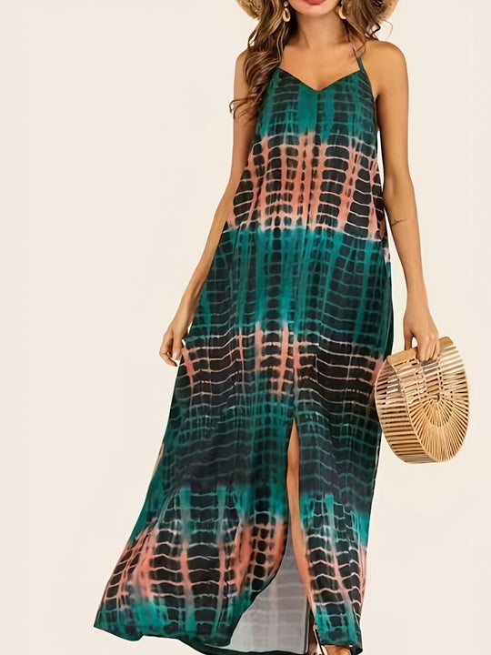 Damen Maxikleid im modernen Batikdesign mit tiefem V-Ausschnitt und Seitenschlitzen EB