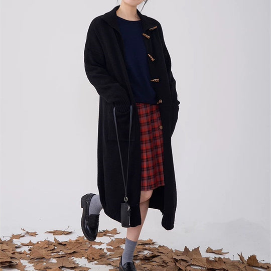 Damen langer Strickmantel mit Knöpfen und praktischen Taschen EB