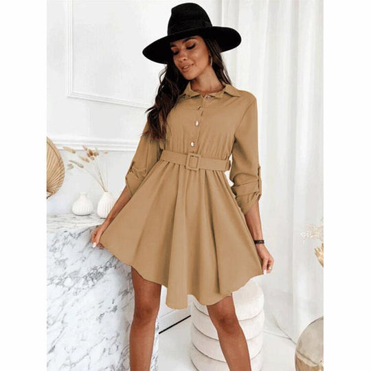 Damen Knielanges Hemdblusenkleid mit Taillengürtel und eleganten Details EB