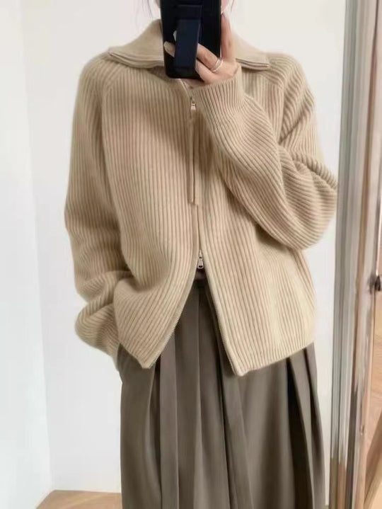 Damen Strickjacke mit hohem Kragen und durchgehendem Reißverschluss EB