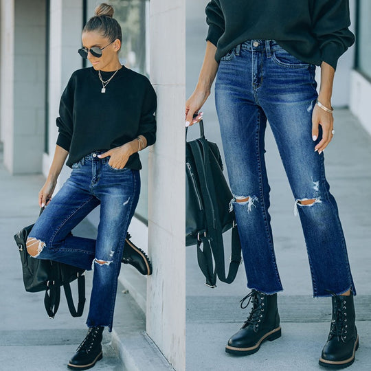 Damen Mom-Jeans im lässigen Used-Look mit modischen Rissen EB