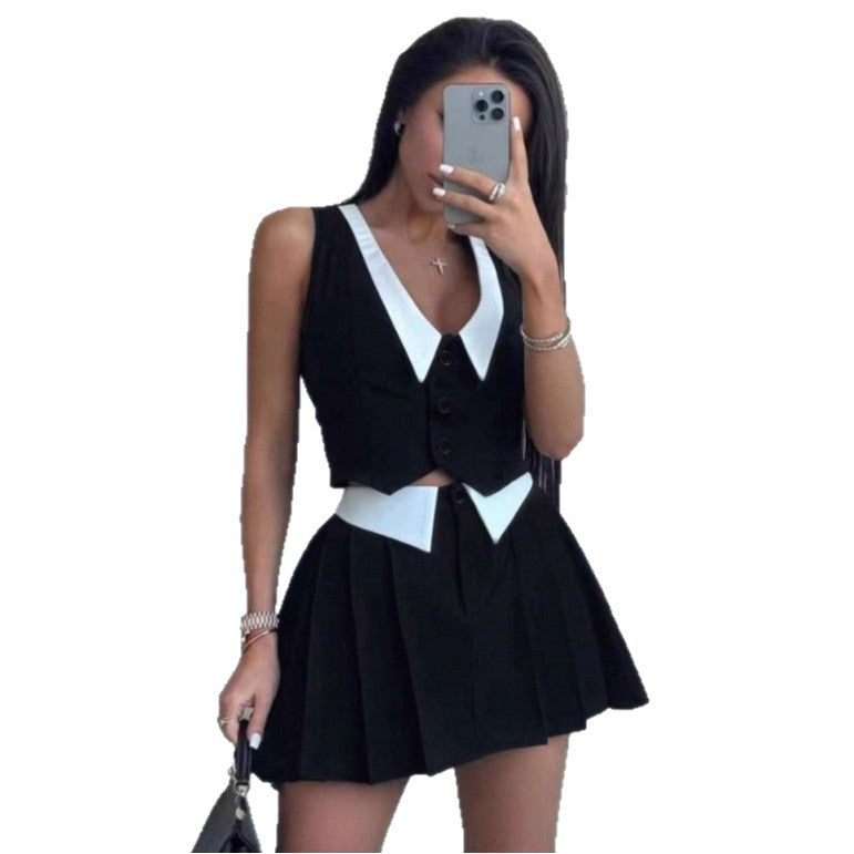 Damen schickes ärmelloses Blazer-Set mit Faltenrock EB
