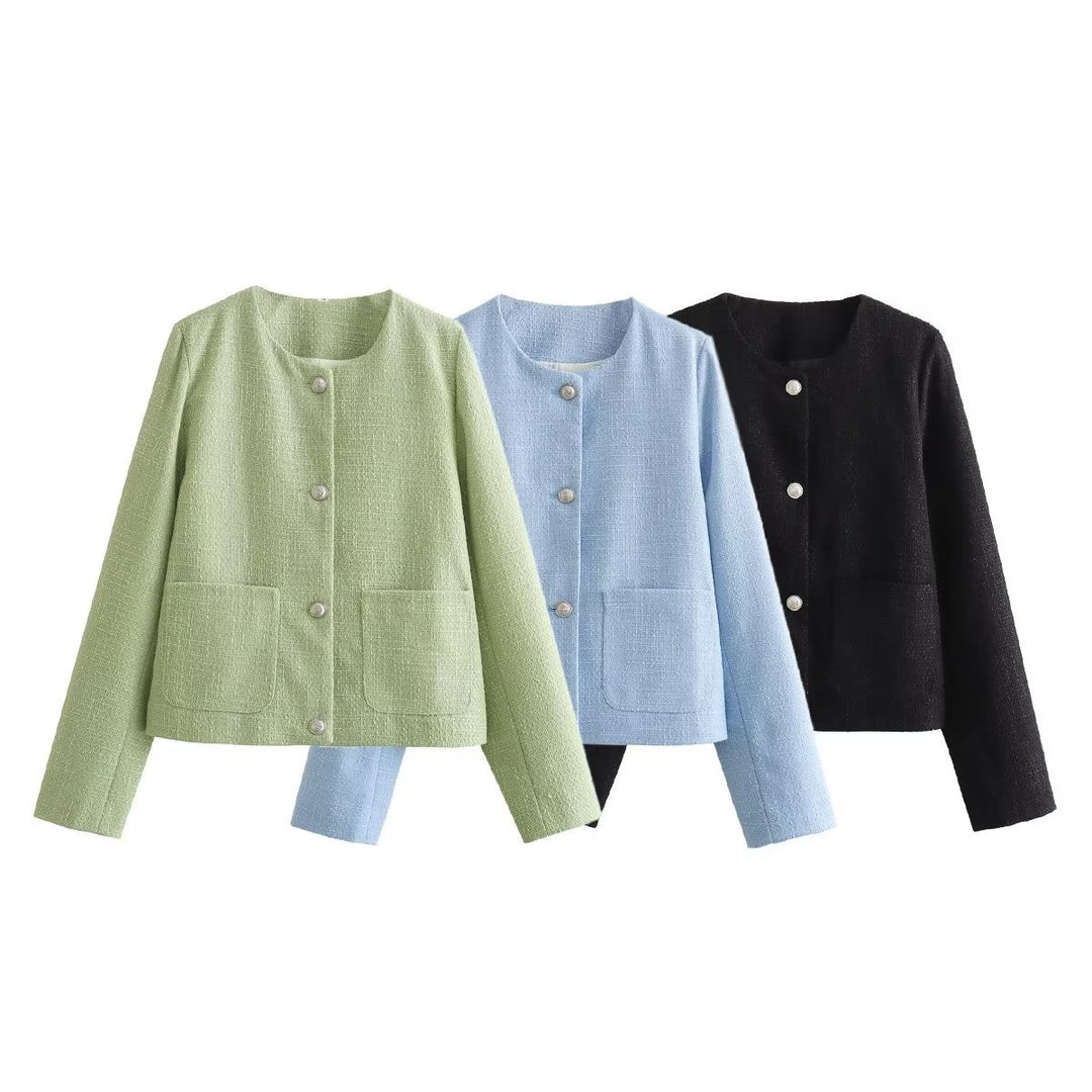 Damen elegante Kurzjacke mit dekorativen Knopfdetails und praktischen Taschen EB