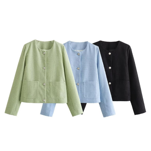 Damen elegante Kurzjacke mit dekorativen Knopfdetails und praktischen Taschen EB