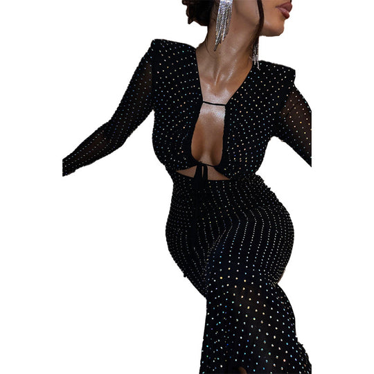 Damen Elegantes Maxikleid mit transparenten Ärmeln und Rüschendetails EB